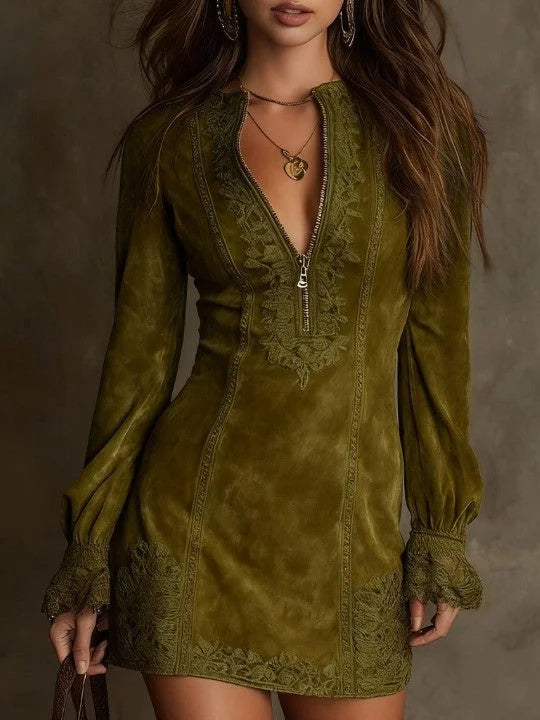 Abito mini scamosciato Aurora con pizzo