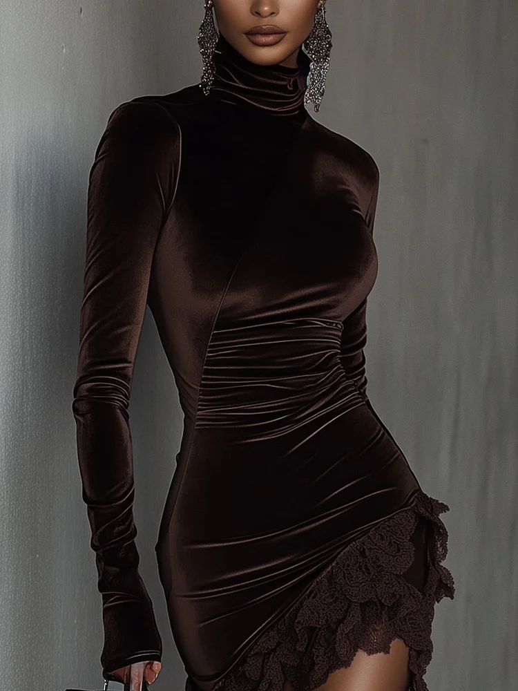 Gaia™ - Abito Mini Fitted in Velluto Cioccolato con Collo Alto e Orlo in Pizzo