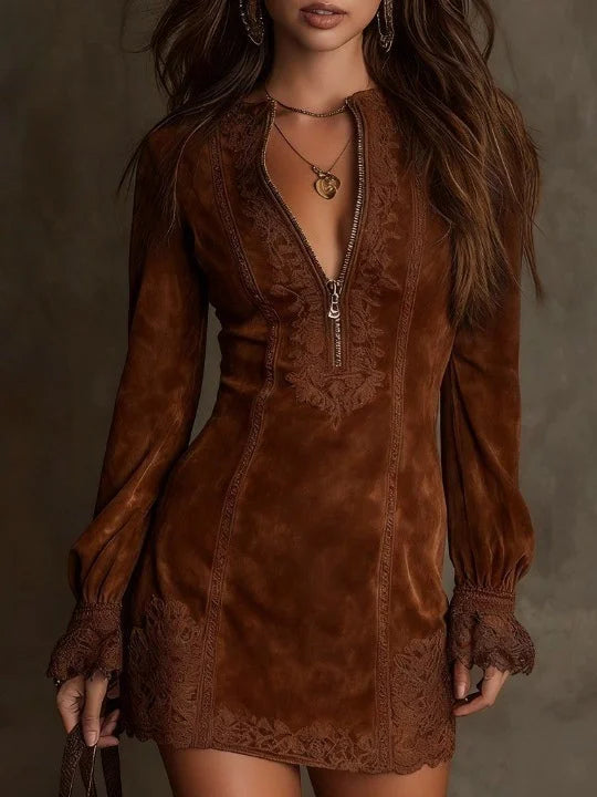 Abito mini scamosciato Aurora con pizzo